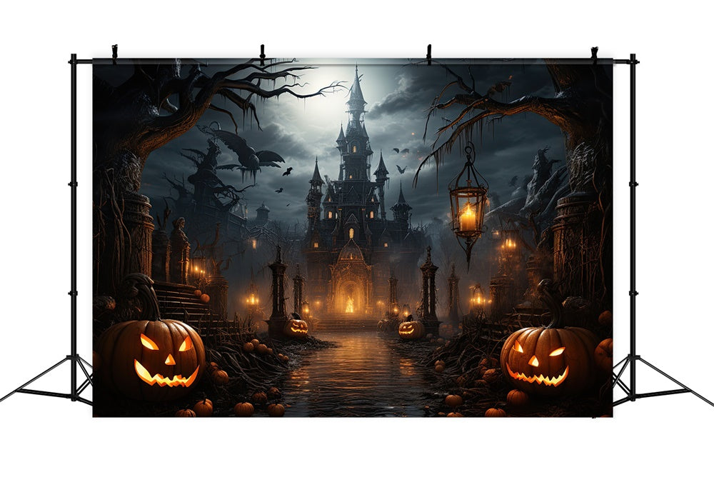 Halloween Scary Castle Bats Pumpkin Backdrop RR7-409