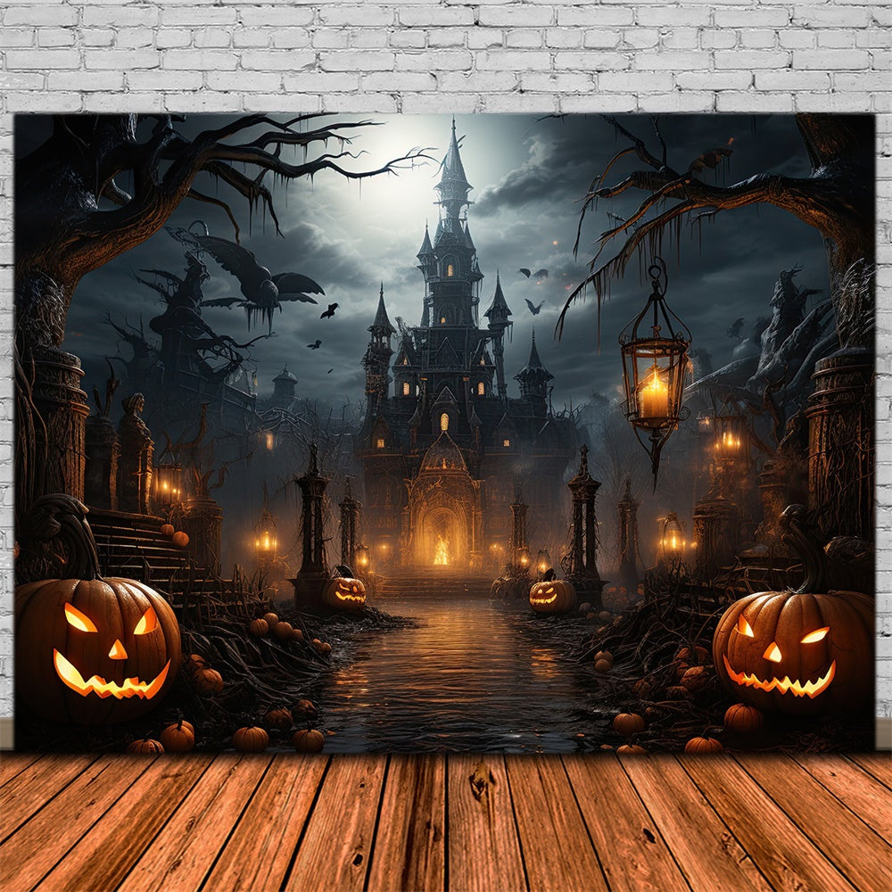 Halloween Scary Castle Bats Pumpkin Backdrop RR7-409