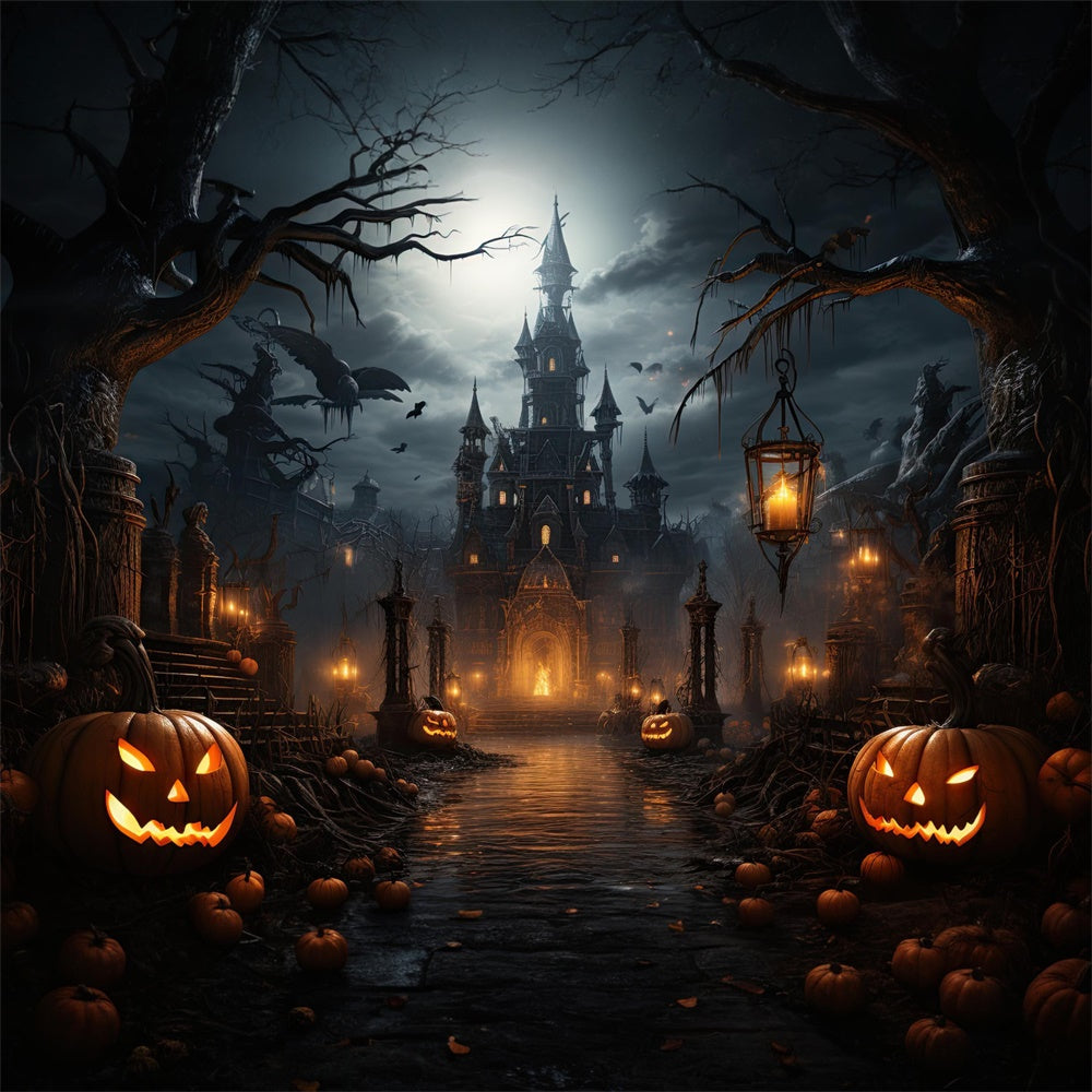 Halloween Scary Castle Bats Pumpkin Backdrop RR7-409