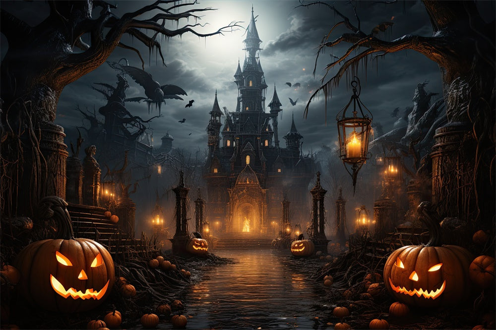 Halloween Scary Castle Bats Pumpkin Backdrop RR7-409