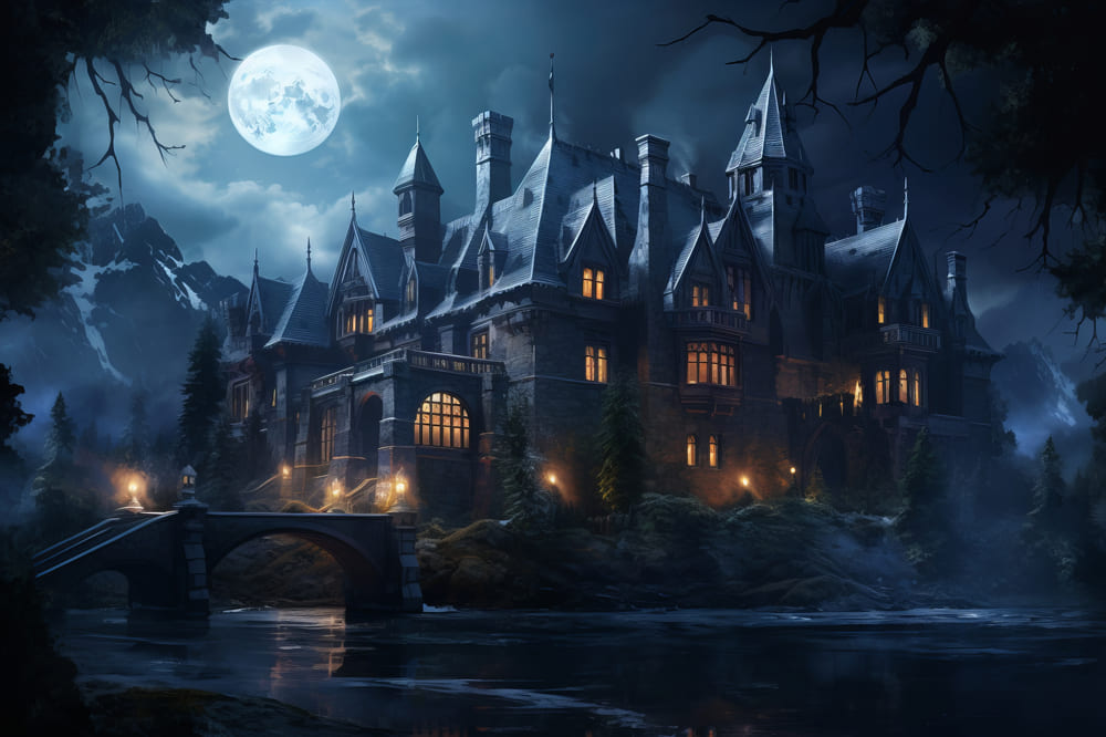 Halloween Haunted Castle Moonlight Backdrop RR7-40