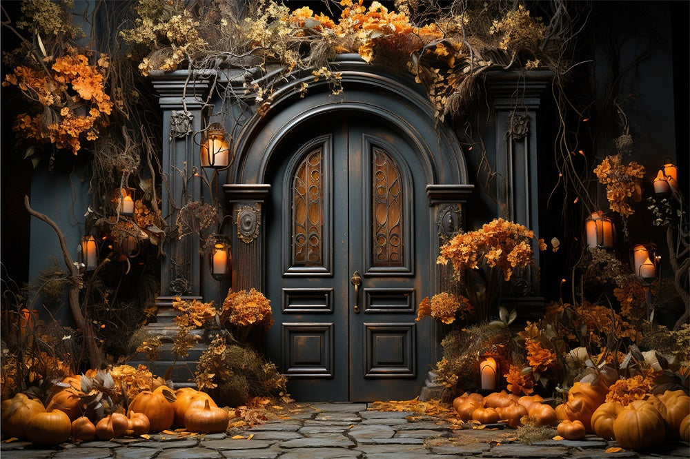 Decorated House Front Door Halloween Backdrop RR7-410