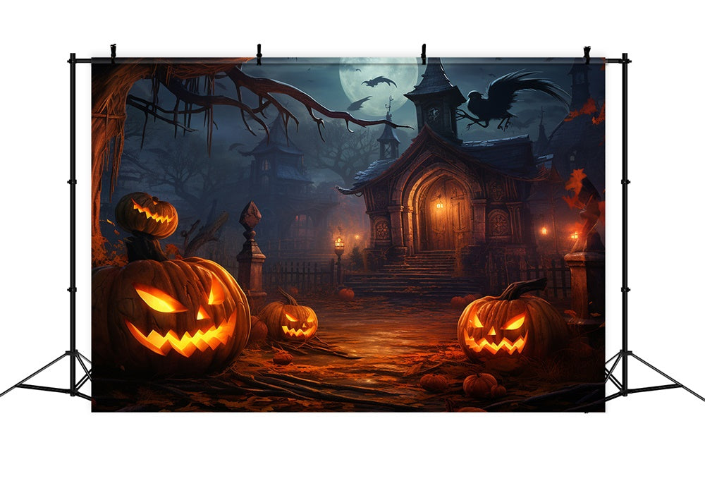 Haunted Night House Pumpkin Lanterns Backdrop RR7-414