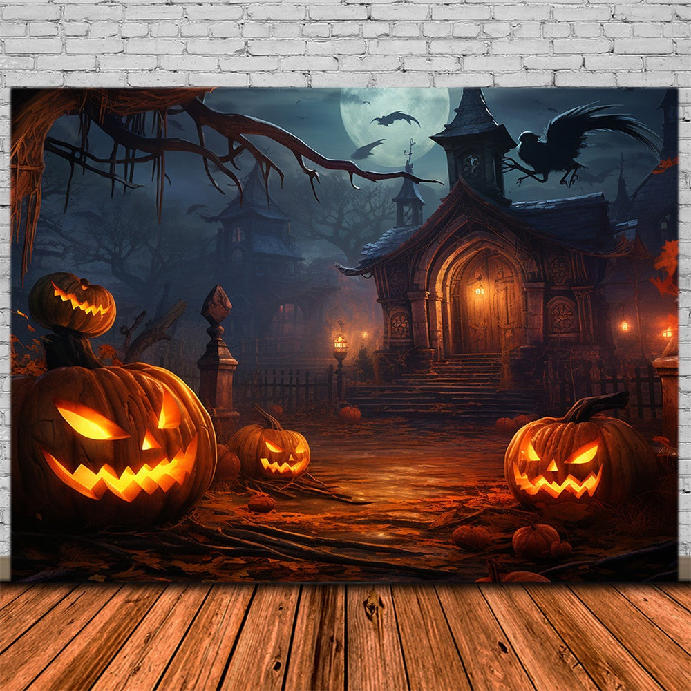 Haunted Night House Pumpkin Lanterns Backdrop RR7-414