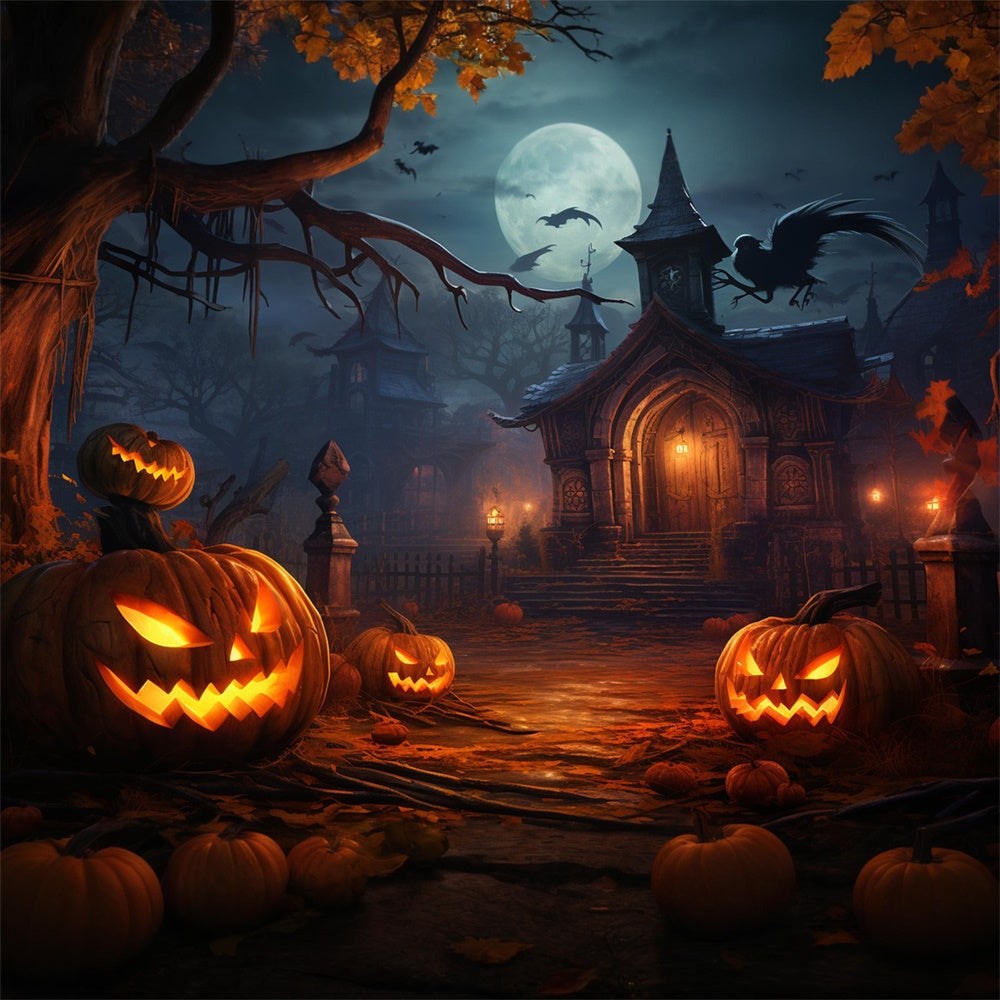 Haunted Night House Pumpkin Lanterns Backdrop RR7-414