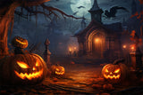 Haunted Night House Pumpkin Lanterns Backdrop RR7-414