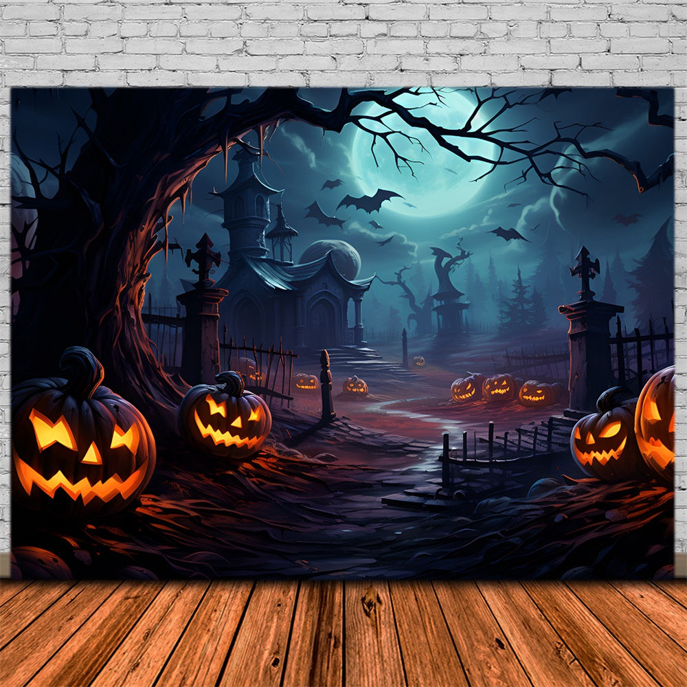 Halloween Scary Graveyard Pumpkin Bats Backdrop RR7-415