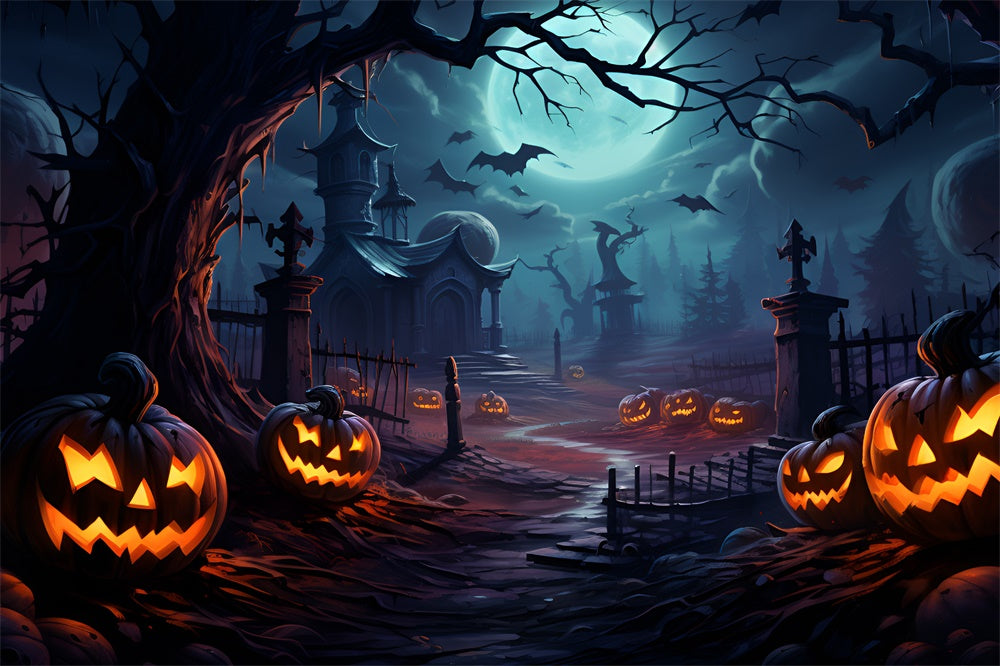 Halloween Scary Graveyard Pumpkin Bats Backdrop RR7-415