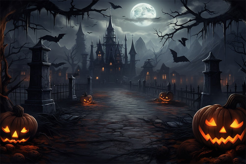 Halloween Moon Night Spooky Castle Backdrop RR7-417