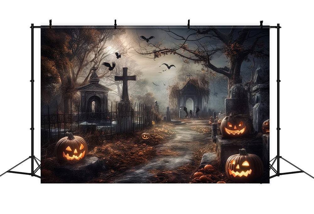 Halloween Horror Graveyard Pumpkins Backdrop RR7-418