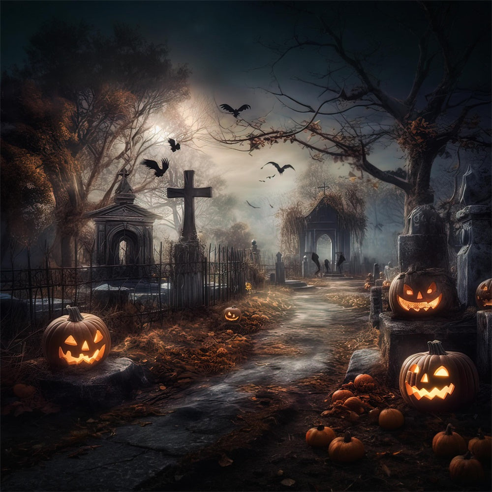 Halloween Horror Graveyard Pumpkins Backdrop RR7-418