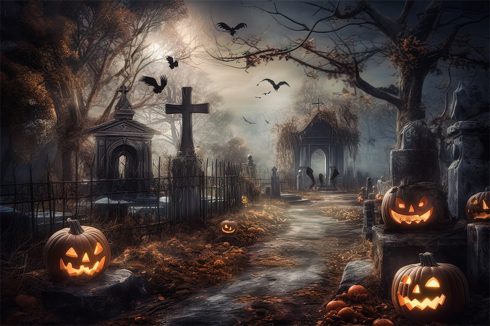 Halloween Horror Graveyard Pumpkins Backdrop RR7-418