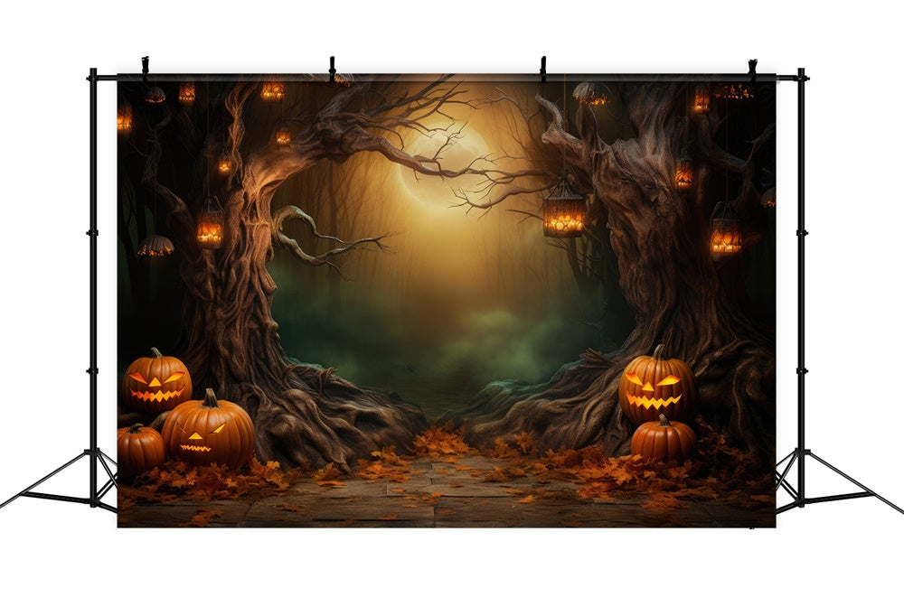 Dark Forest Moon Halloween Pumpkins Backdrop RR7-419