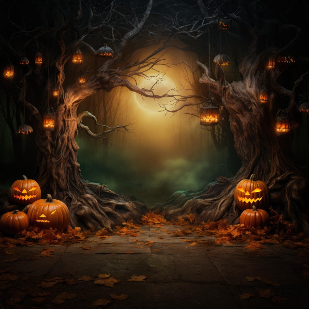 Dark Forest Moon Halloween Pumpkins Backdrop RR7-419