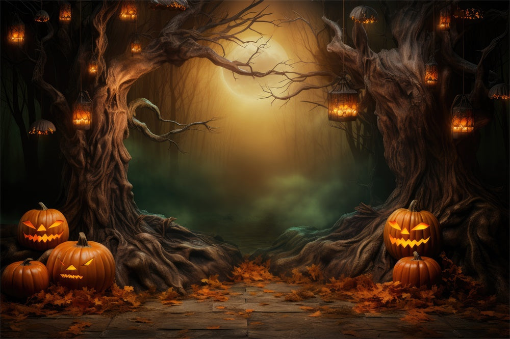 Dark Forest Moon Halloween Pumpkins Backdrop RR7-419