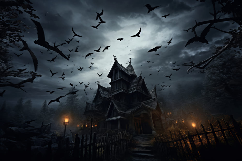 Gothic Halloween Castle Bats Photography Backdrop RR7-41