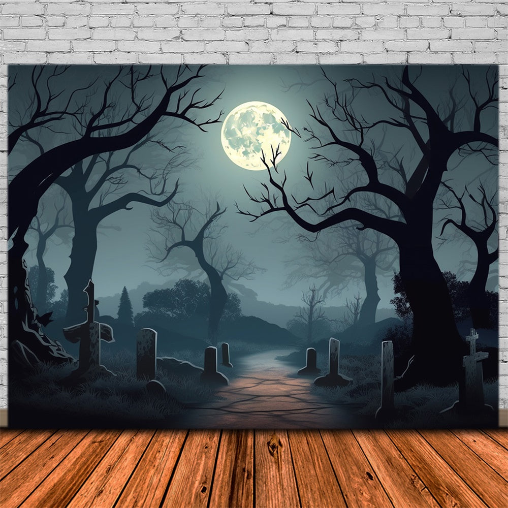 Halloween Full Moon Night Graveyard Backdrop RR7-425