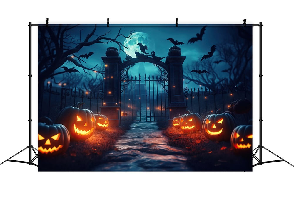 Spooky Cemetery Gate Pumpkin Halloween Backdrop RR7-426