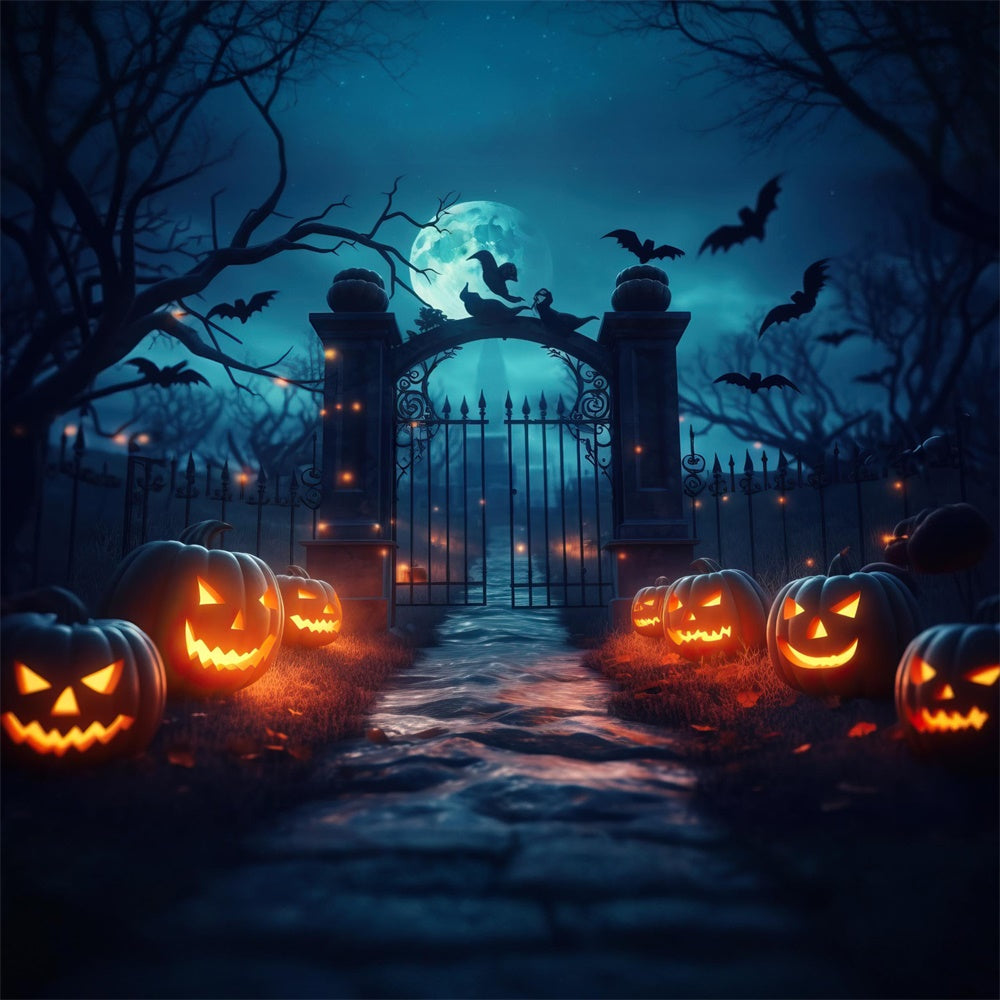 Spooky Cemetery Gate Pumpkin Halloween Backdrop RR7-426