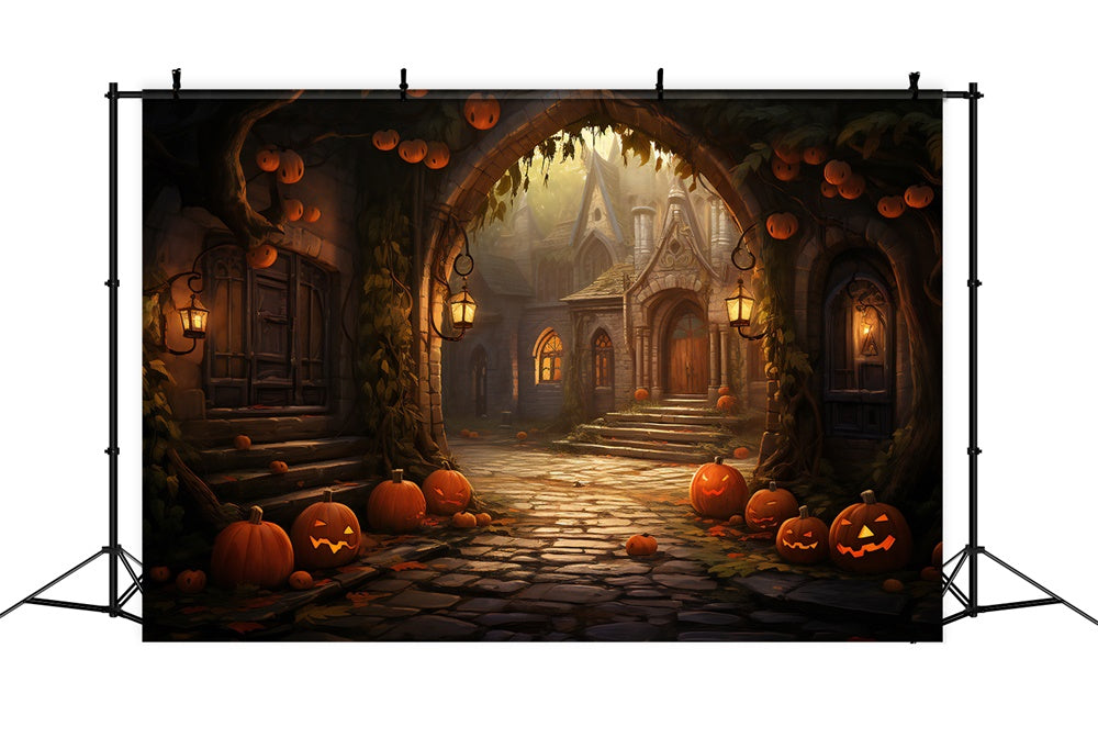 Halloween Houses Stone Arch Pumpkins Backdrop RR7-427