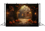 Halloween Houses Stone Arch Pumpkins Backdrop RR7-427