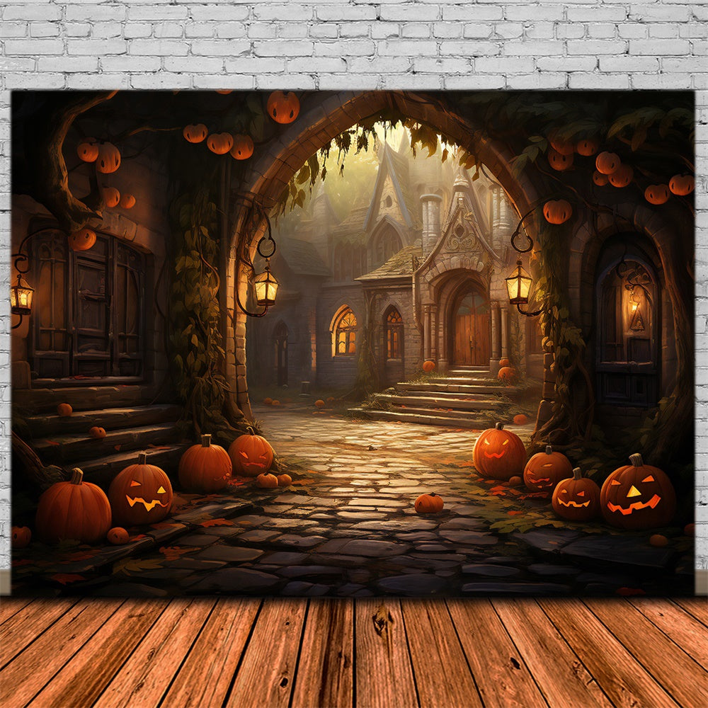 Halloween Houses Stone Arch Pumpkins Backdrop RR7-427