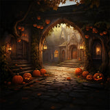 Halloween Houses Stone Arch Pumpkins Backdrop RR7-427