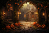 Halloween Houses Stone Arch Pumpkins Backdrop RR7-427