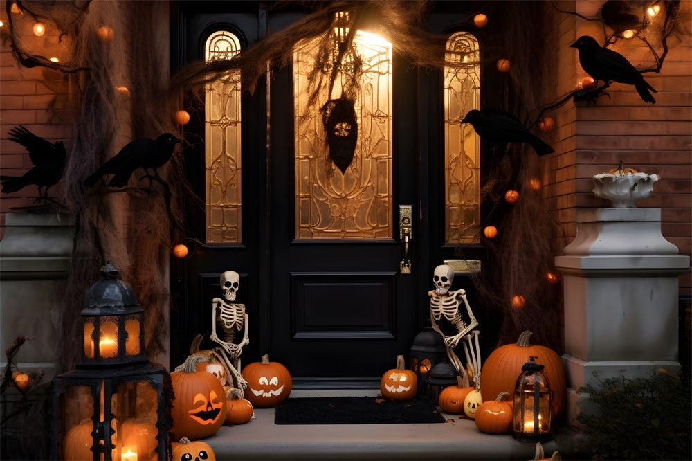 Halloween Night Decorated Yard Front Door Backdrop RR7-428