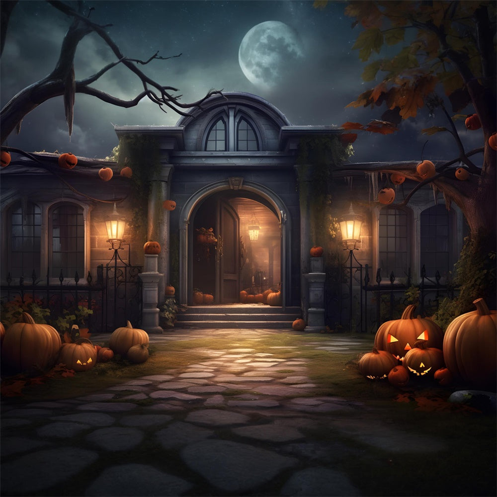 Spooky Halloween Mansion Pumpkins Backdrop RR7-429