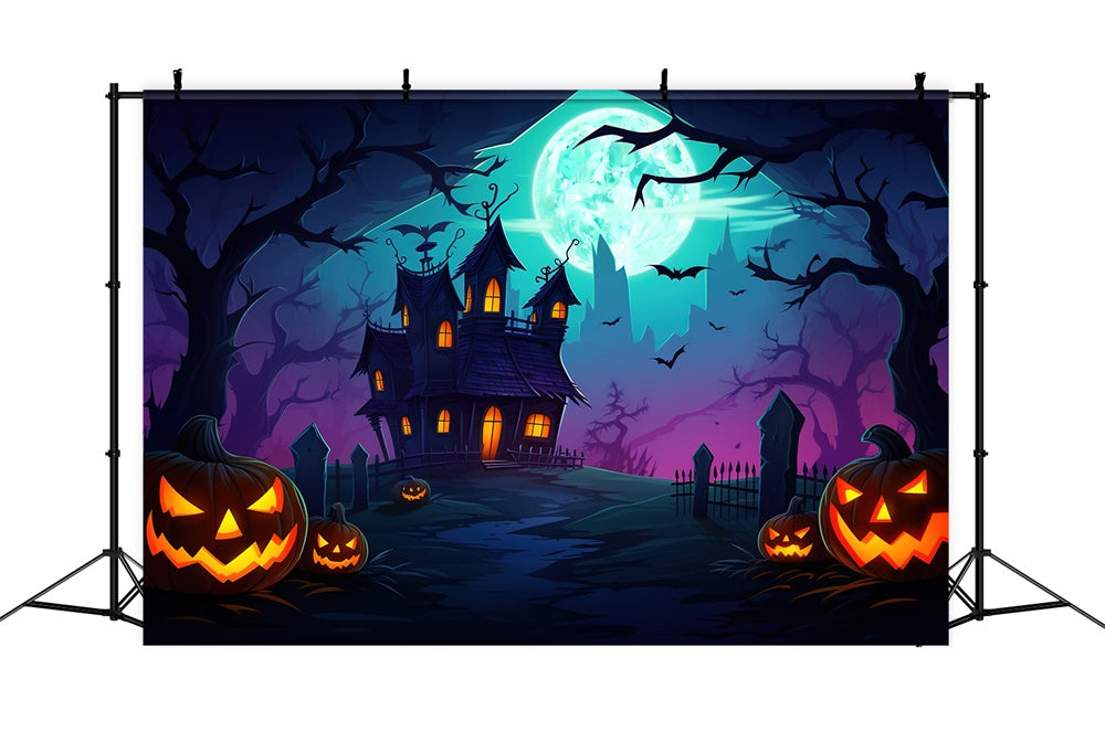 Halloween Moon Night Witch House Tomb Backdrop RR7-432