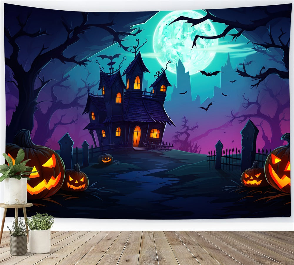 Halloween Moon Night Witch House Tomb Backdrop RR7-432