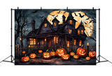 Witch House Bats Pumpkin Halloween Backdrop RR7-436