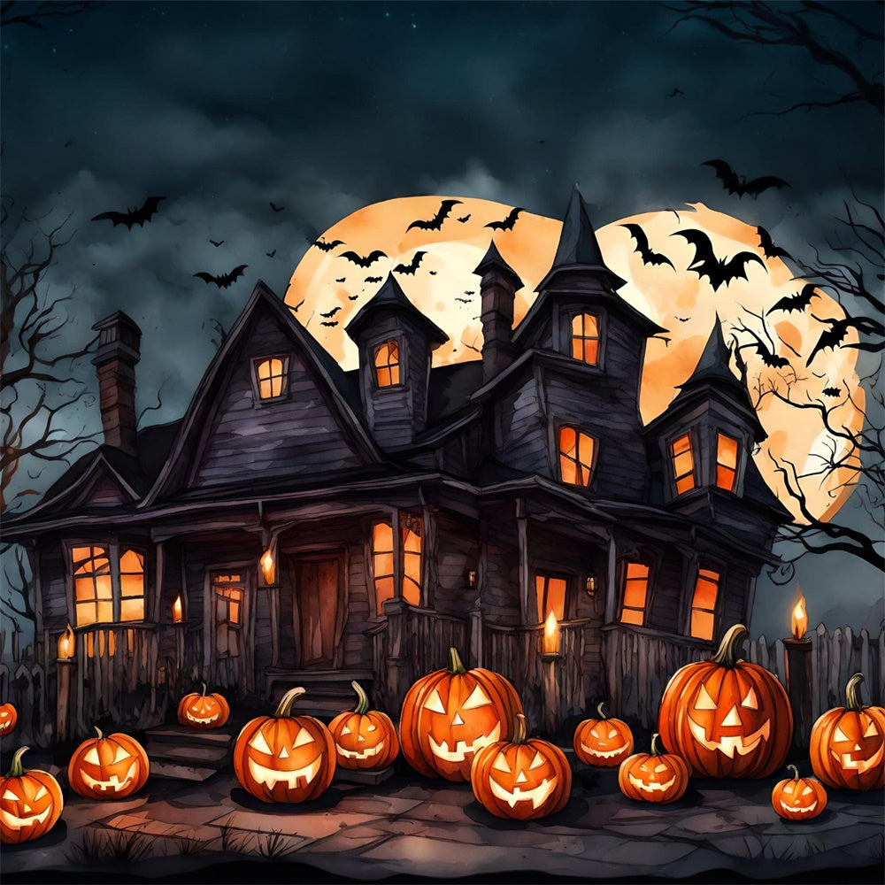 Witch House Bats Pumpkin Halloween Backdrop RR7-436