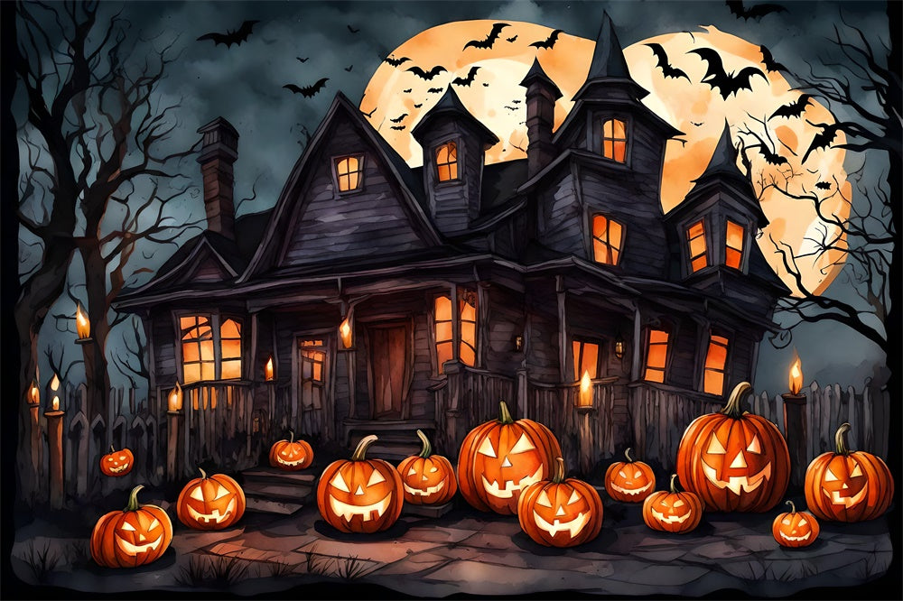 Witch House Bats Pumpkin Halloween Backdrop RR7-436