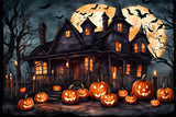 Witch House Bats Pumpkin Halloween Backdrop RR7-436