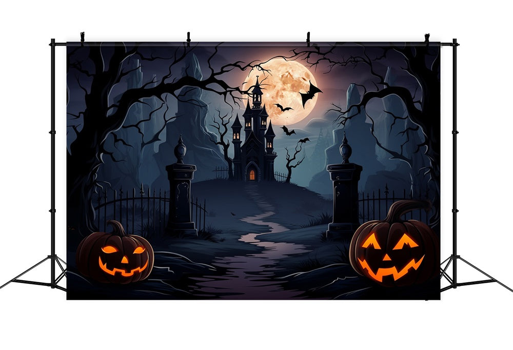 Spooky Castle Full Moon Bats Halloween Backdrop RR7-438