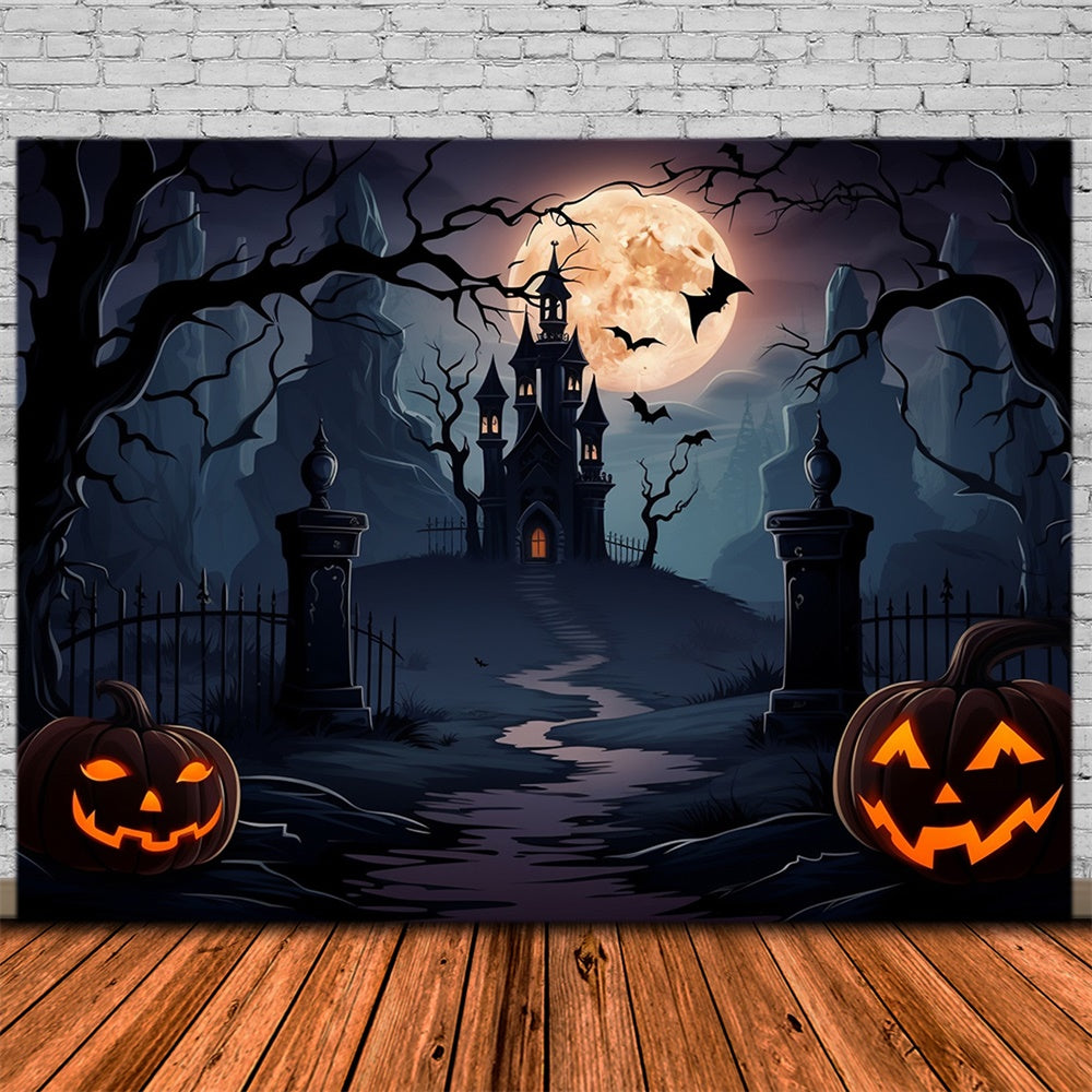 Spooky Castle Full Moon Bats Halloween Backdrop RR7-438