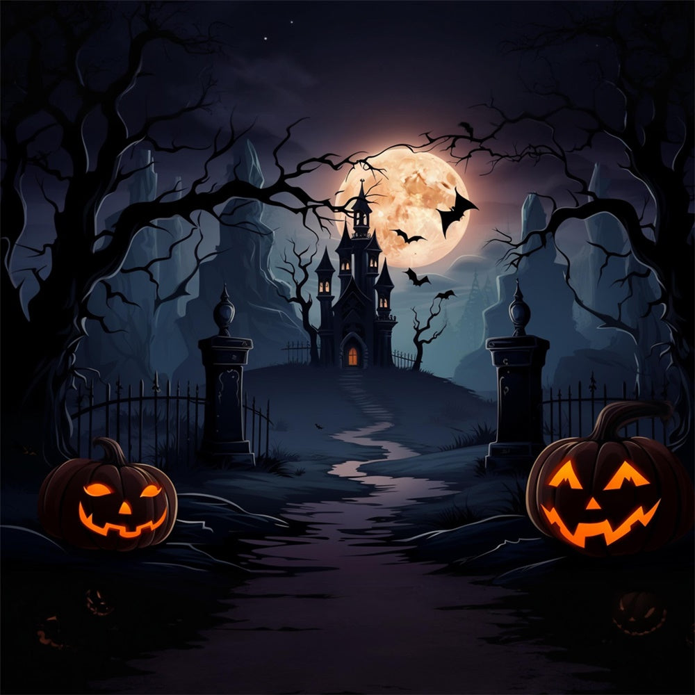 Spooky Castle Full Moon Bats Halloween Backdrop RR7-438