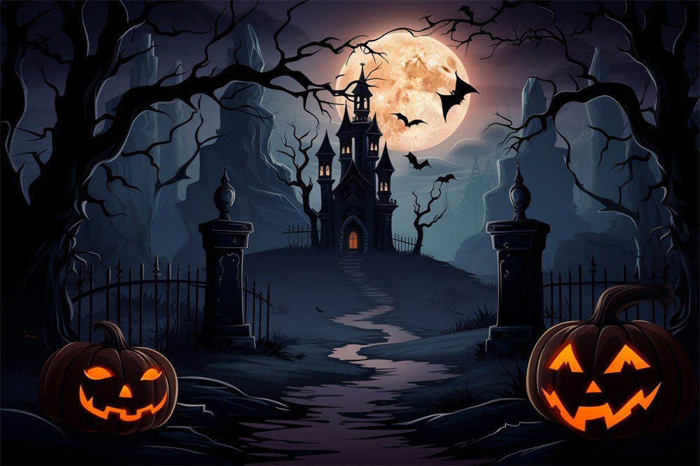 Spooky Castle Full Moon Bats Halloween Backdrop RR7-438