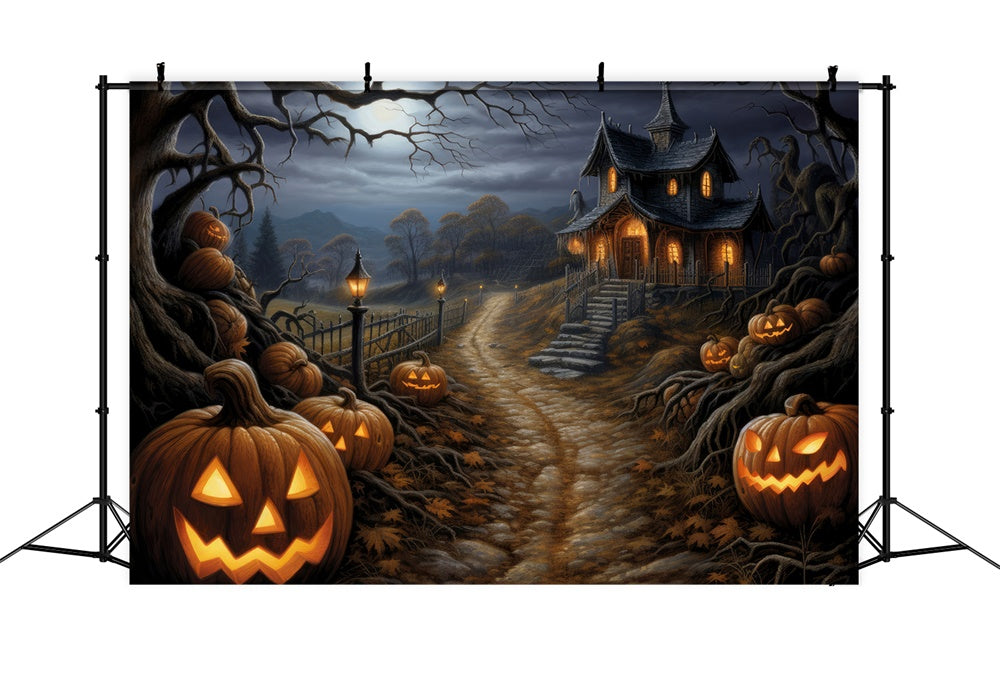 Halloween Horror Forest Cabin Pumpkin Backdrop RR7-439