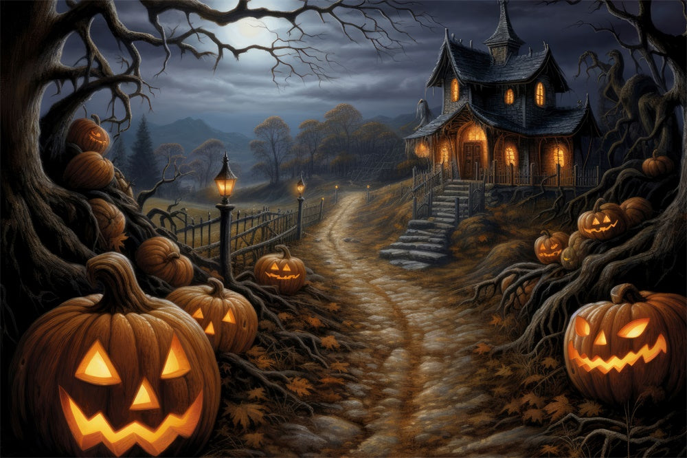 Halloween Horror Forest Cabin Pumpkin Backdrop RR7-439