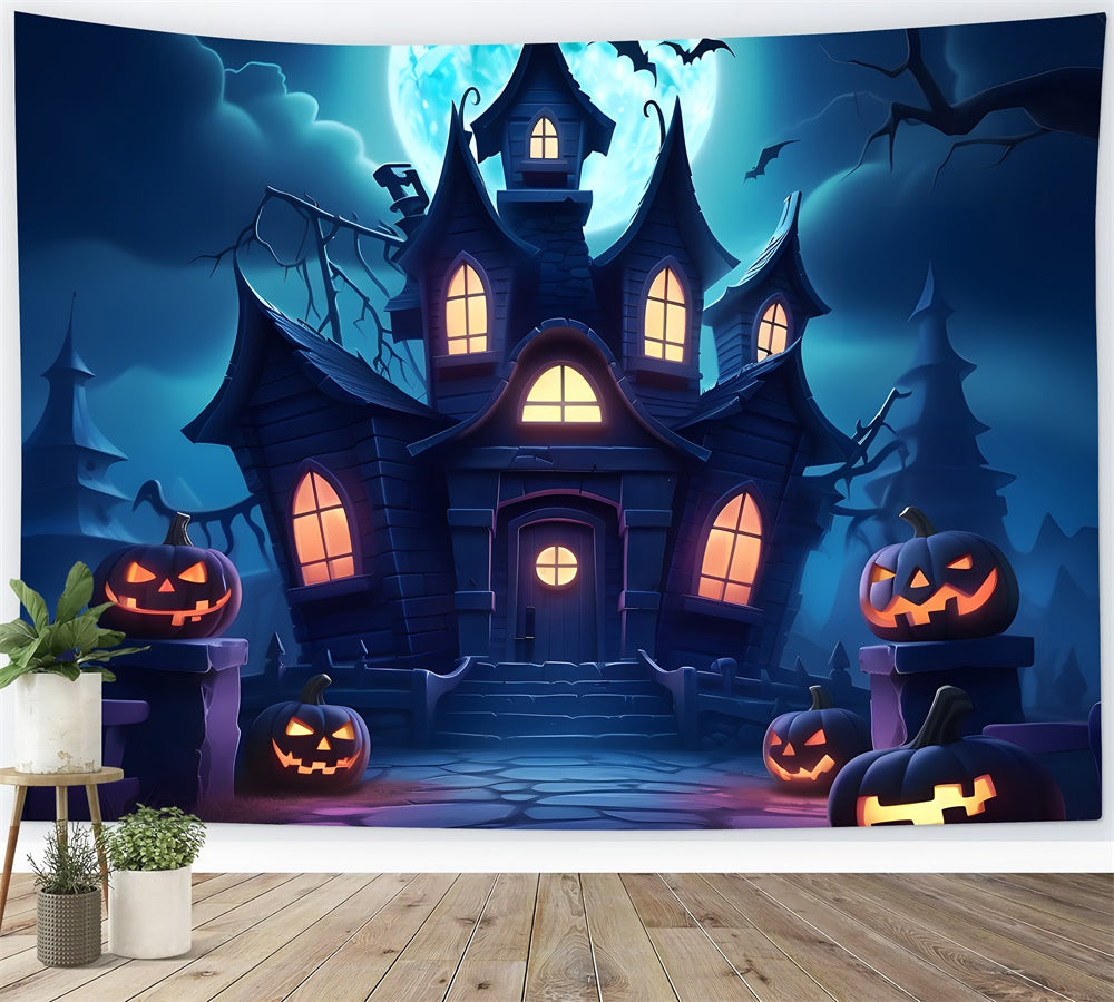 Halloween Night Haunted House Moon Backdrop RR7-440