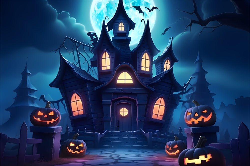 Halloween Night Haunted House Moon Backdrop RR7-440