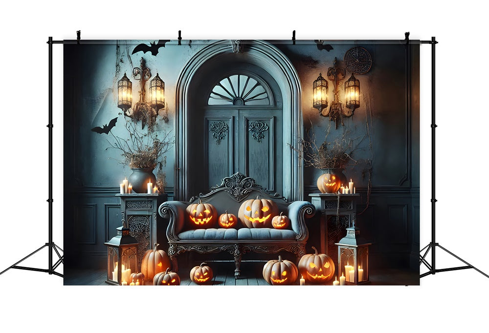 Halloween Retro Blue Wall Pumpkin Backdrop RR7-442