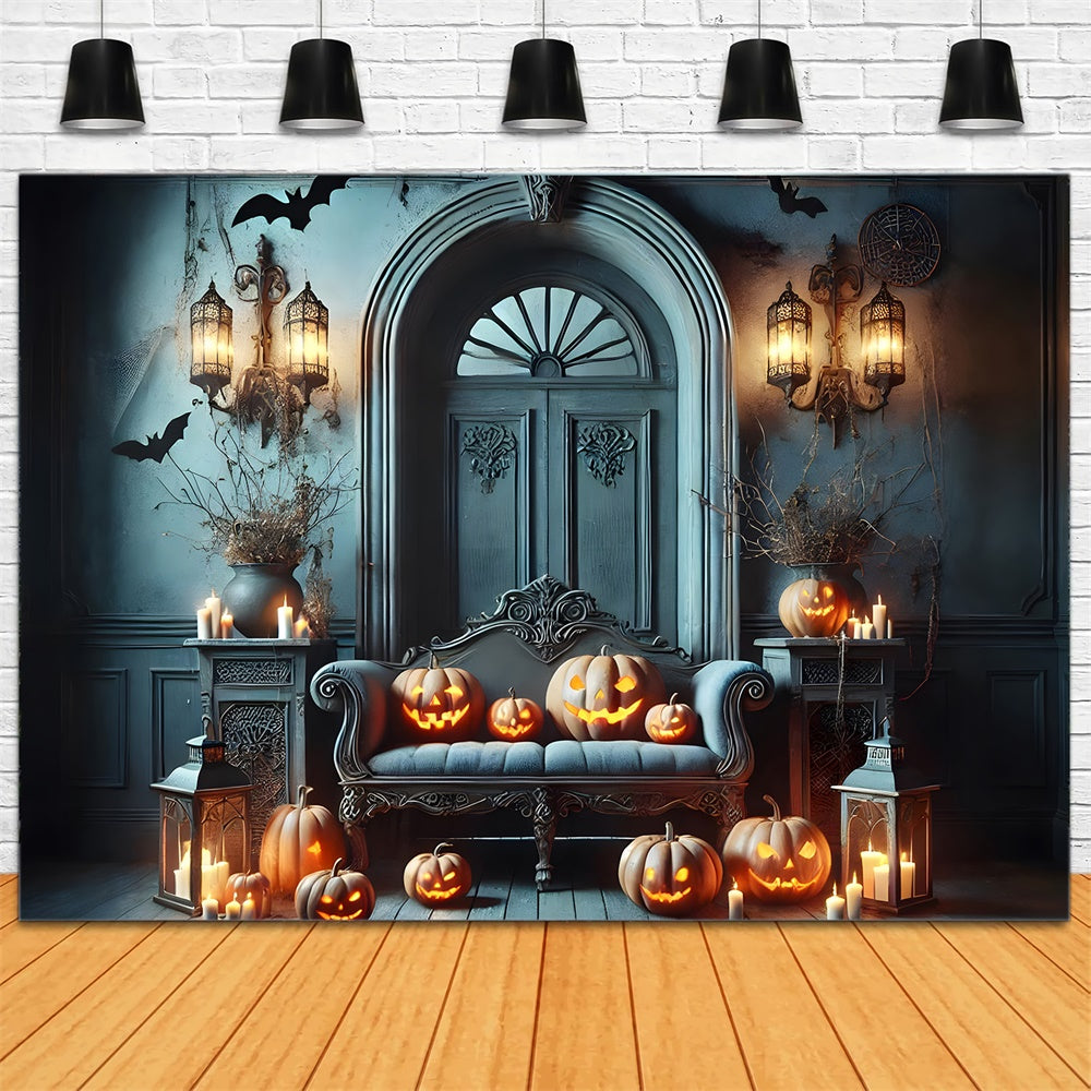 Halloween Retro Blue Wall Pumpkin Backdrop RR7-442