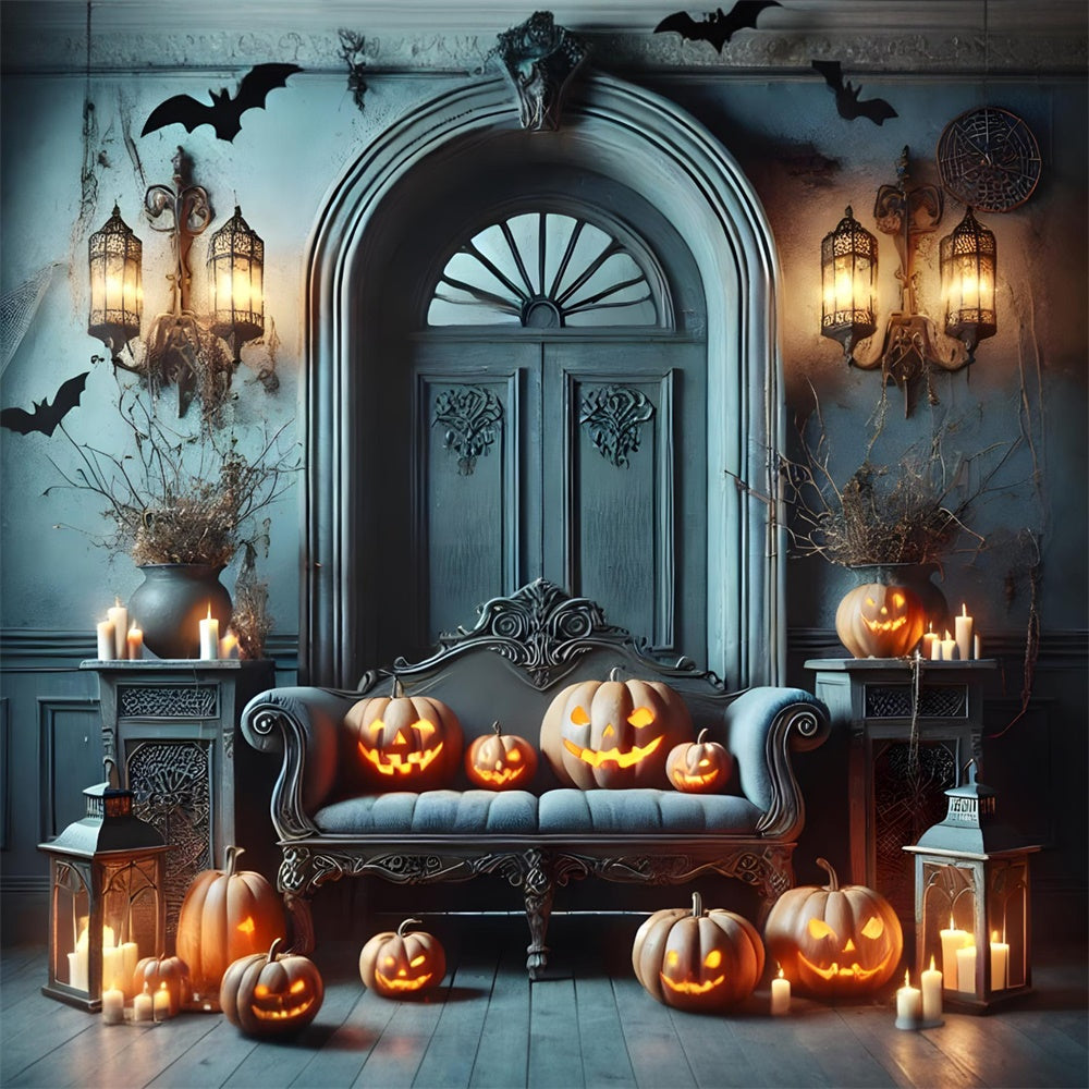 Halloween Retro Blue Wall Pumpkin Backdrop RR7-442