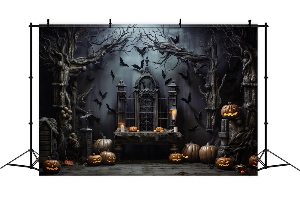 Halloween Scary Dark Room Pumpkin Bats Backdrop RR7-444