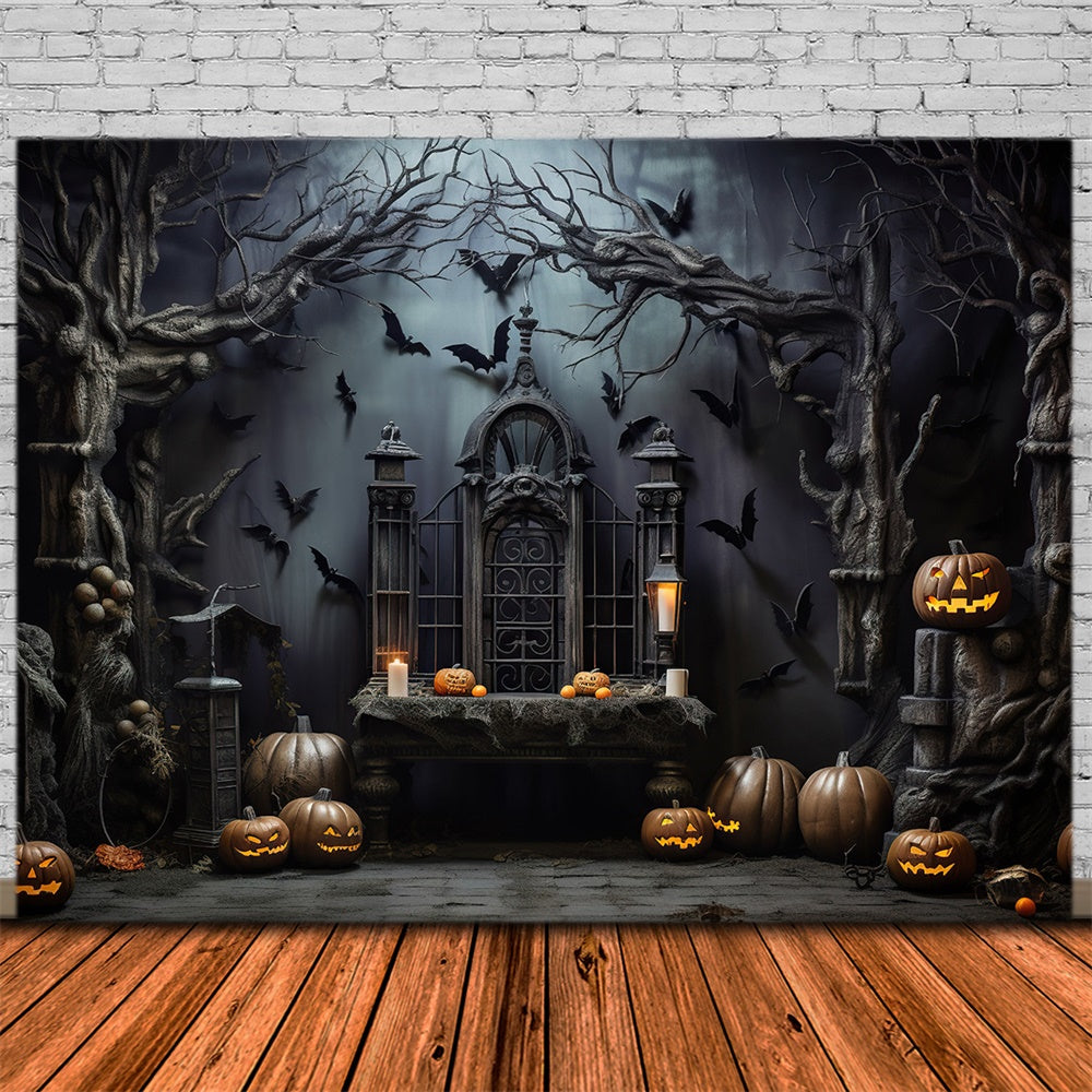 Halloween Scary Dark Room Pumpkin Bats Backdrop RR7-444