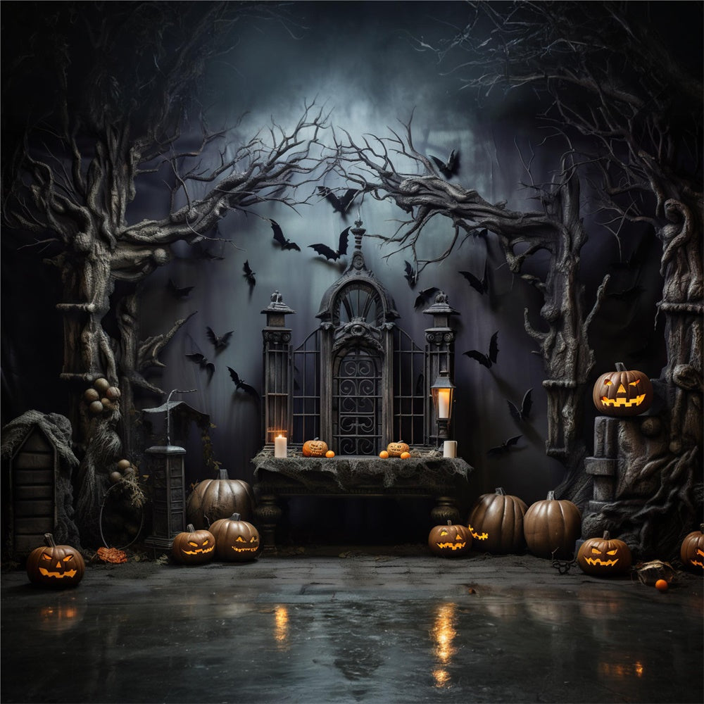 Halloween Scary Dark Room Pumpkin Bats Backdrop RR7-444